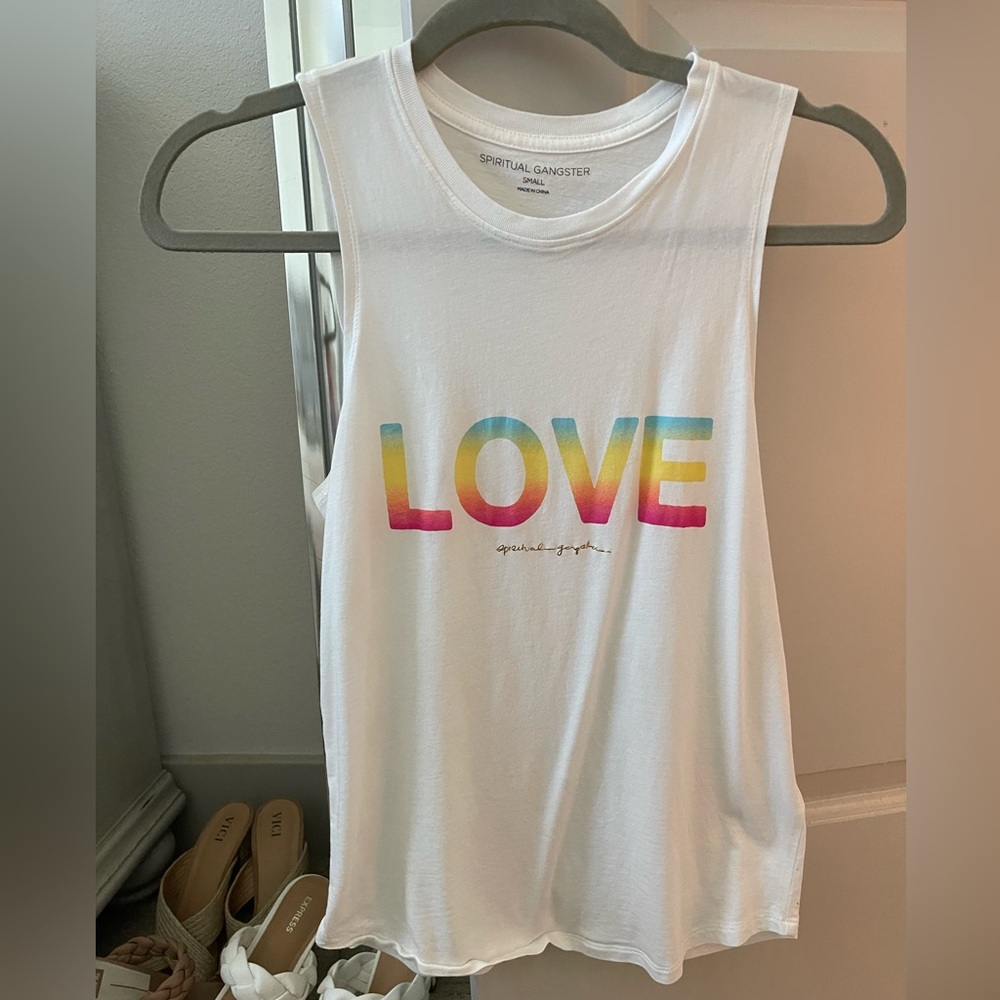 Spiritual Gangster White Tank Top with Rainbow LOVE Graphic